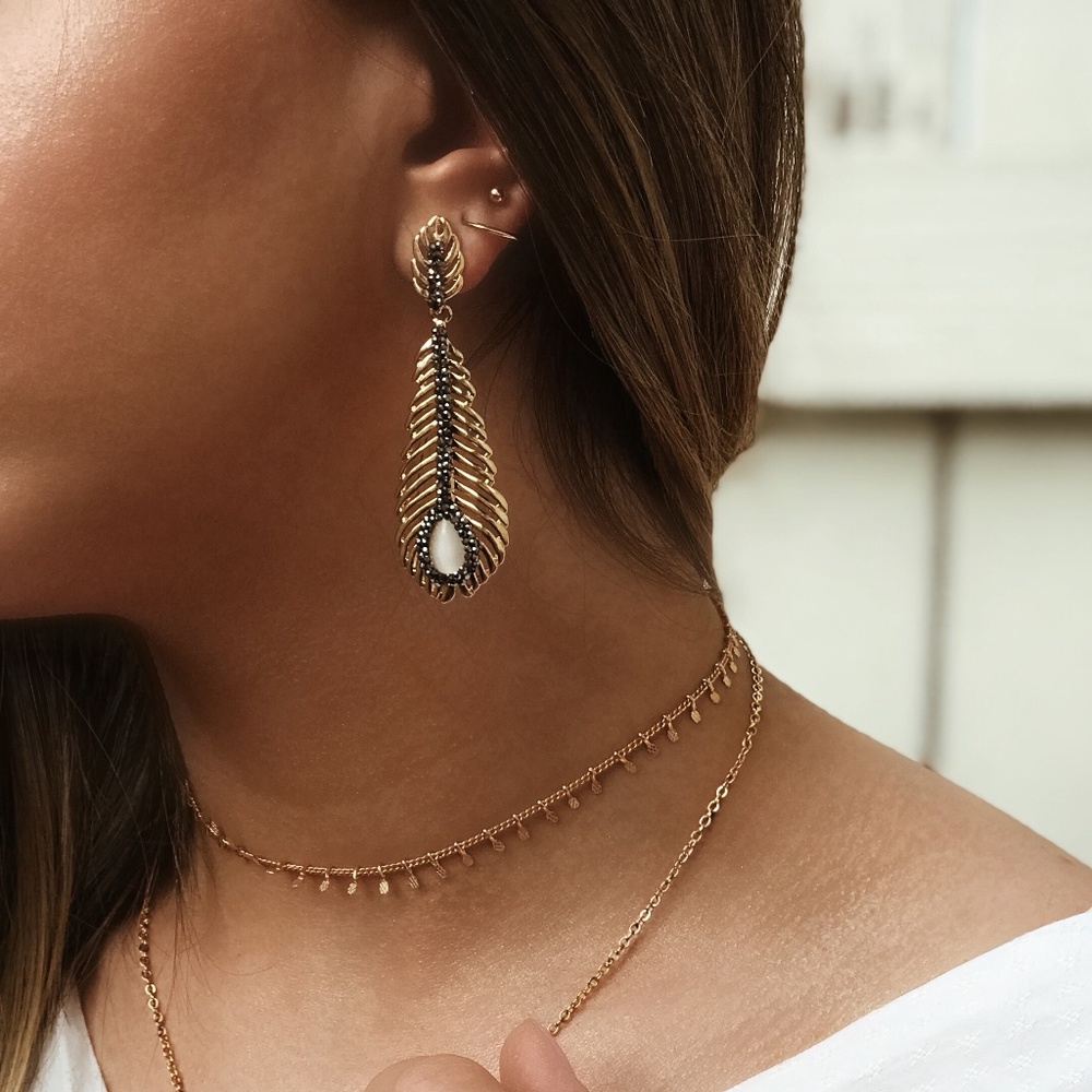 Rhinestone Paved Feather Dangle Earrings